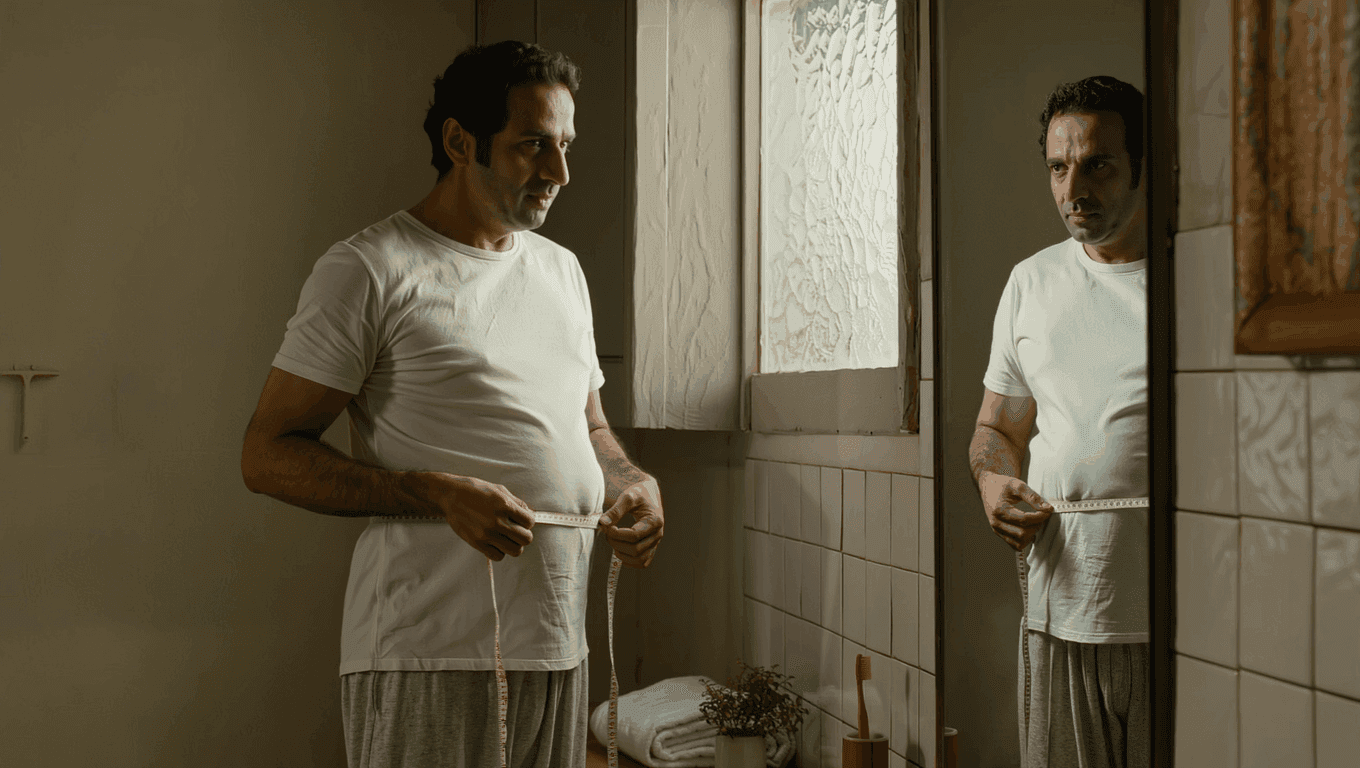Indian man in his forties calmly measuring his waist with a soft fabric tape measure in front of a bathroom mirror, representing a self-check for abdominal obesity and metabolic risk