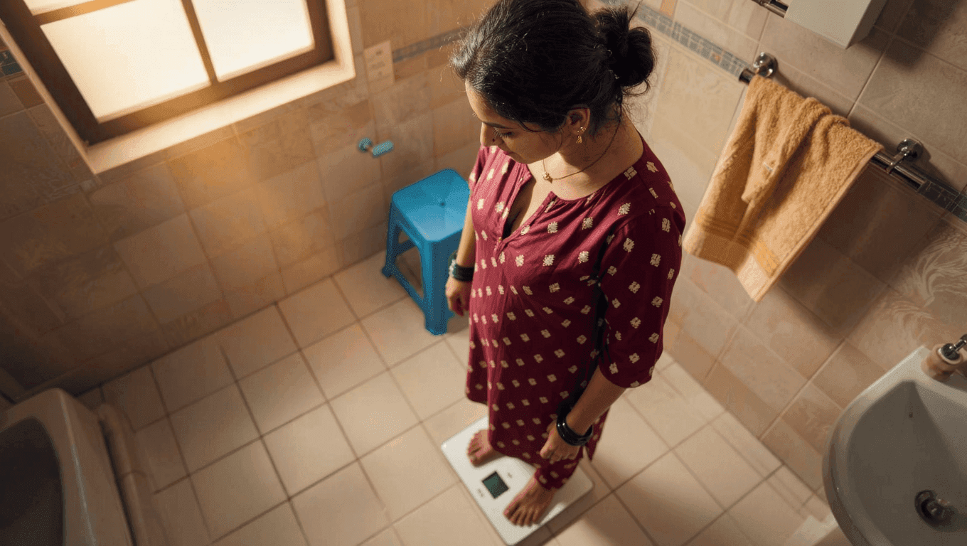 Indian woman standing on a weighing scale in her bathroom checking her weight