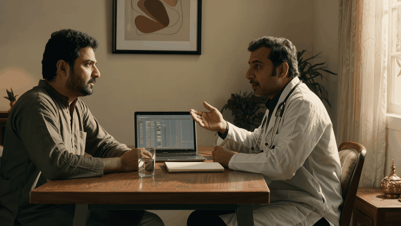 Indian patient and doctor in a calm, private consultation discussing medical weight management options