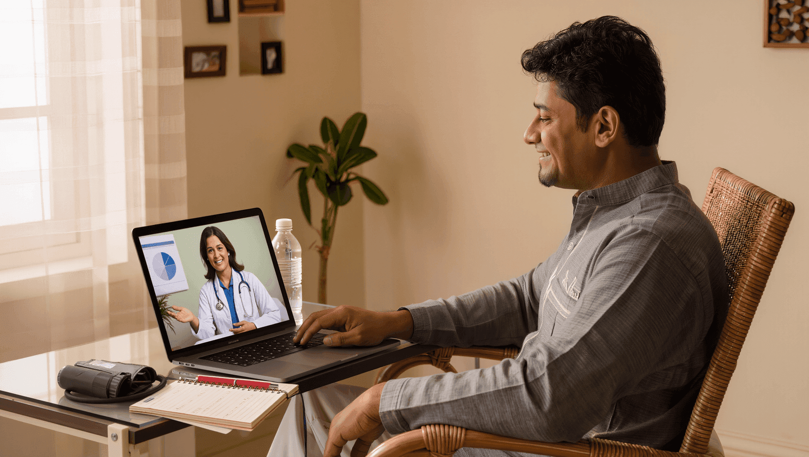 Indian woman calmly tracking realistic monthly weight progress in a journal at home