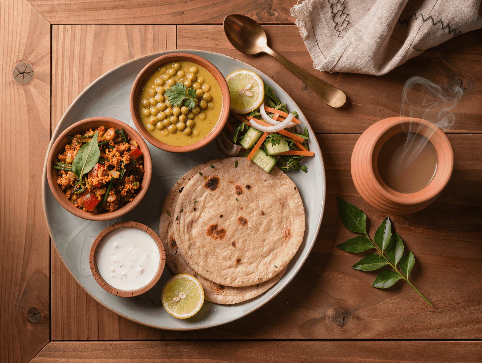 Doctor-approved Indian weight loss thali with multigrain roti, moong dal, sabzi, curd, and salad