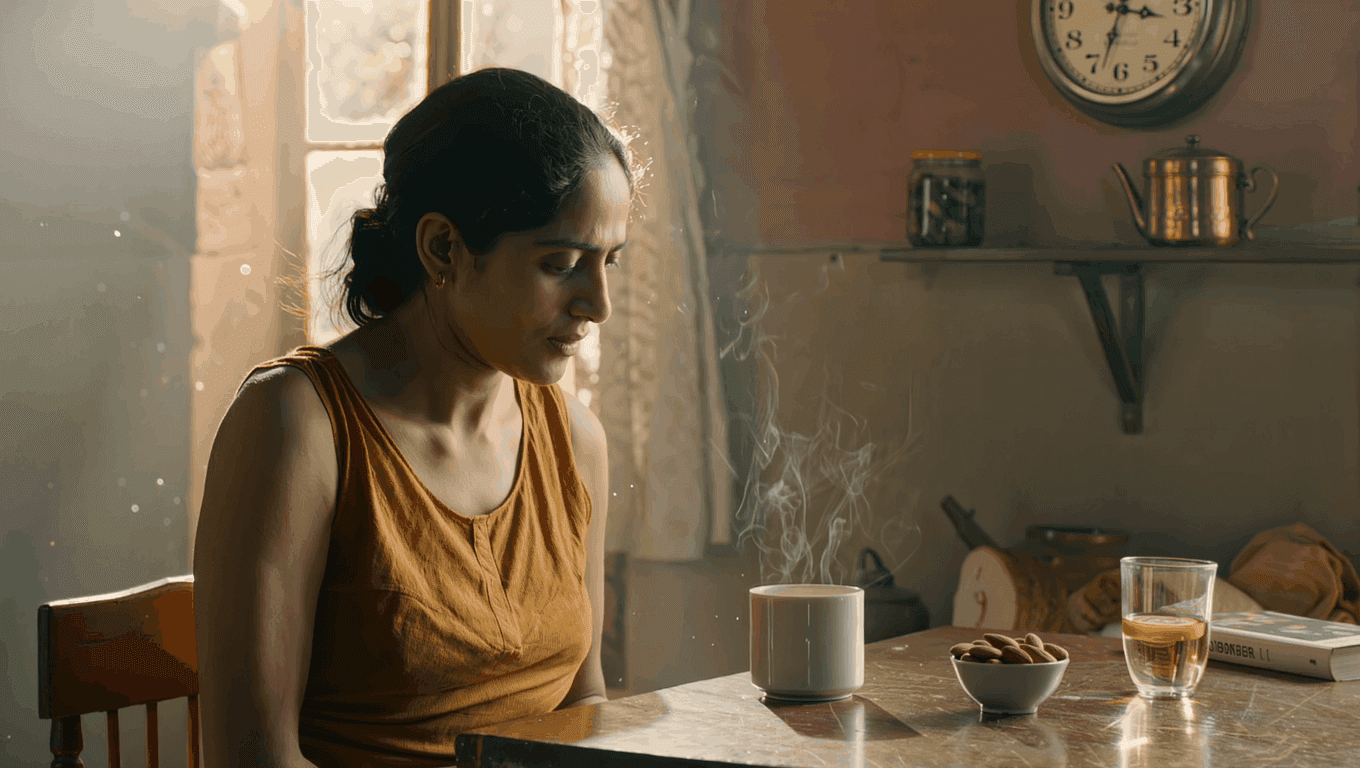 Indian woman drinking a cup of plain black tea in warm morning light at her kitchen table with a wall clock showing 11 AM, illustrating a 16:8 intermittent fasting window