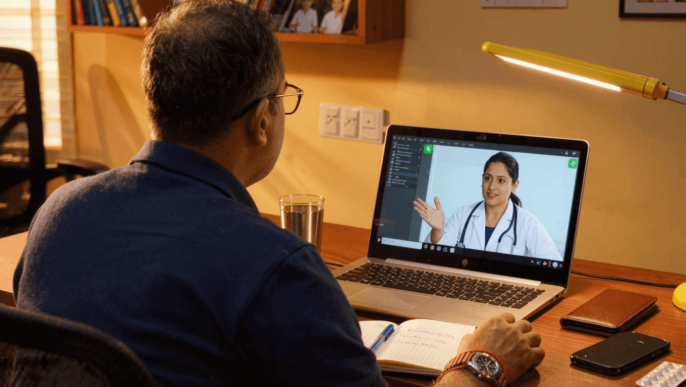 Indian man having an online video consultation with a doctor on laptop at home