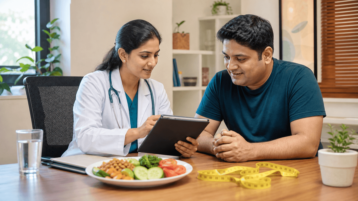 Indian doctor reviewing prediabetes and weight loss risk with a patient