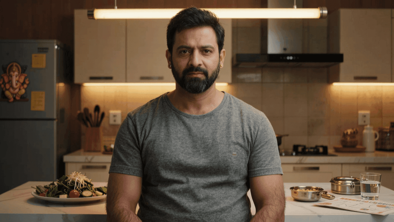 Indian man standing in kitchen looking frustrated with abandoned salad and diet plan