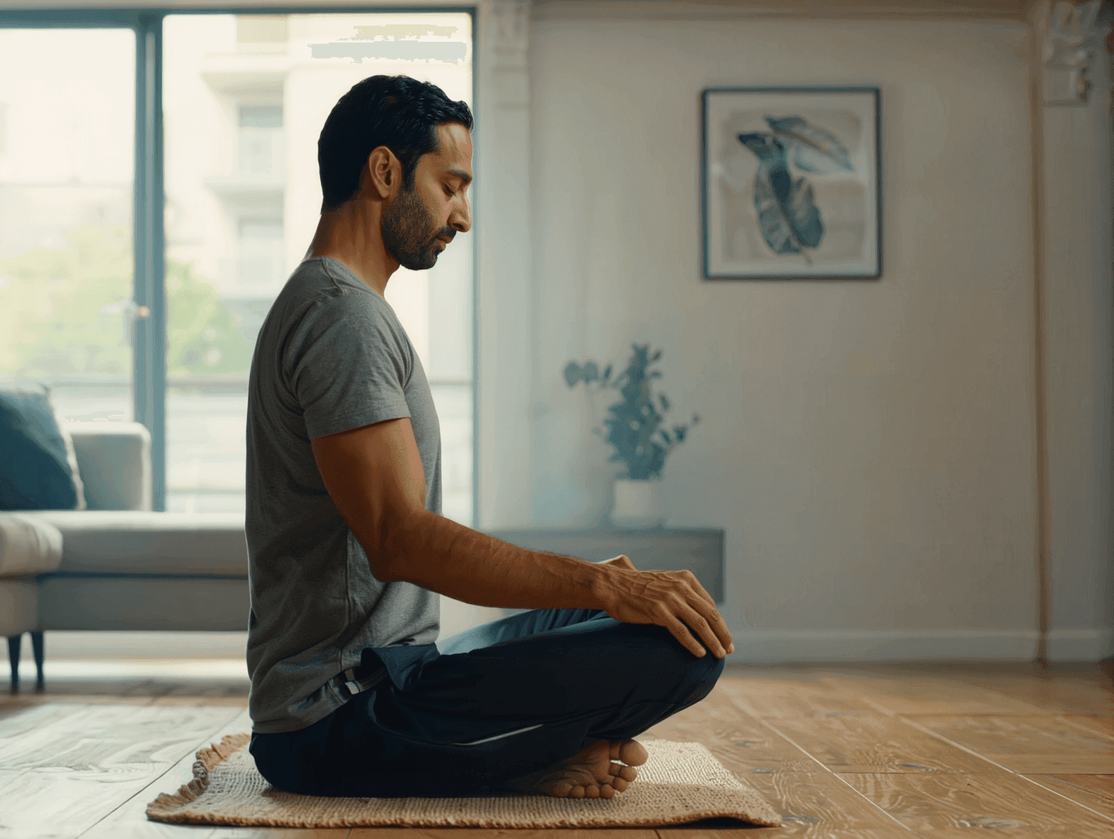 Indian man practising yoga on a jute mat in a bright home living room for weight loss
