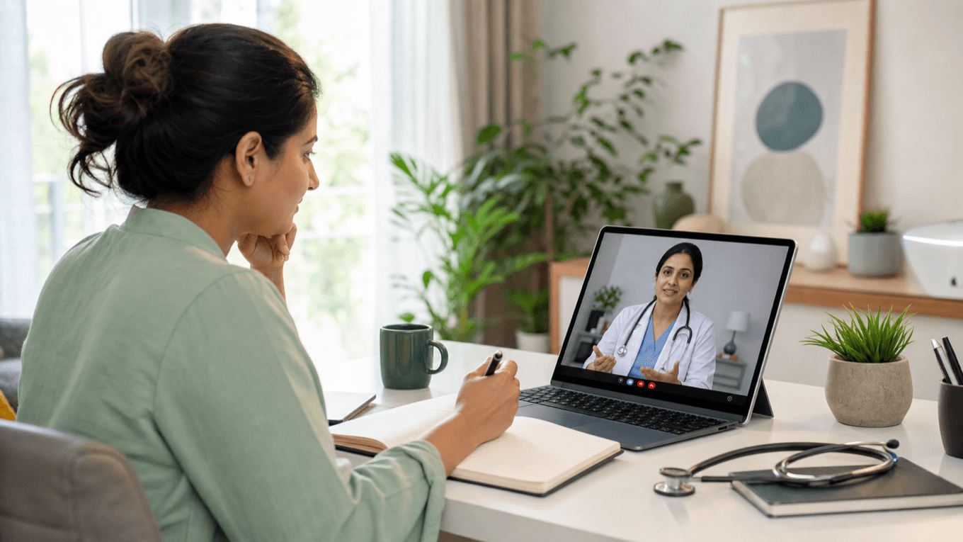 Indian patient consulting an online weight loss doctor from home by video call