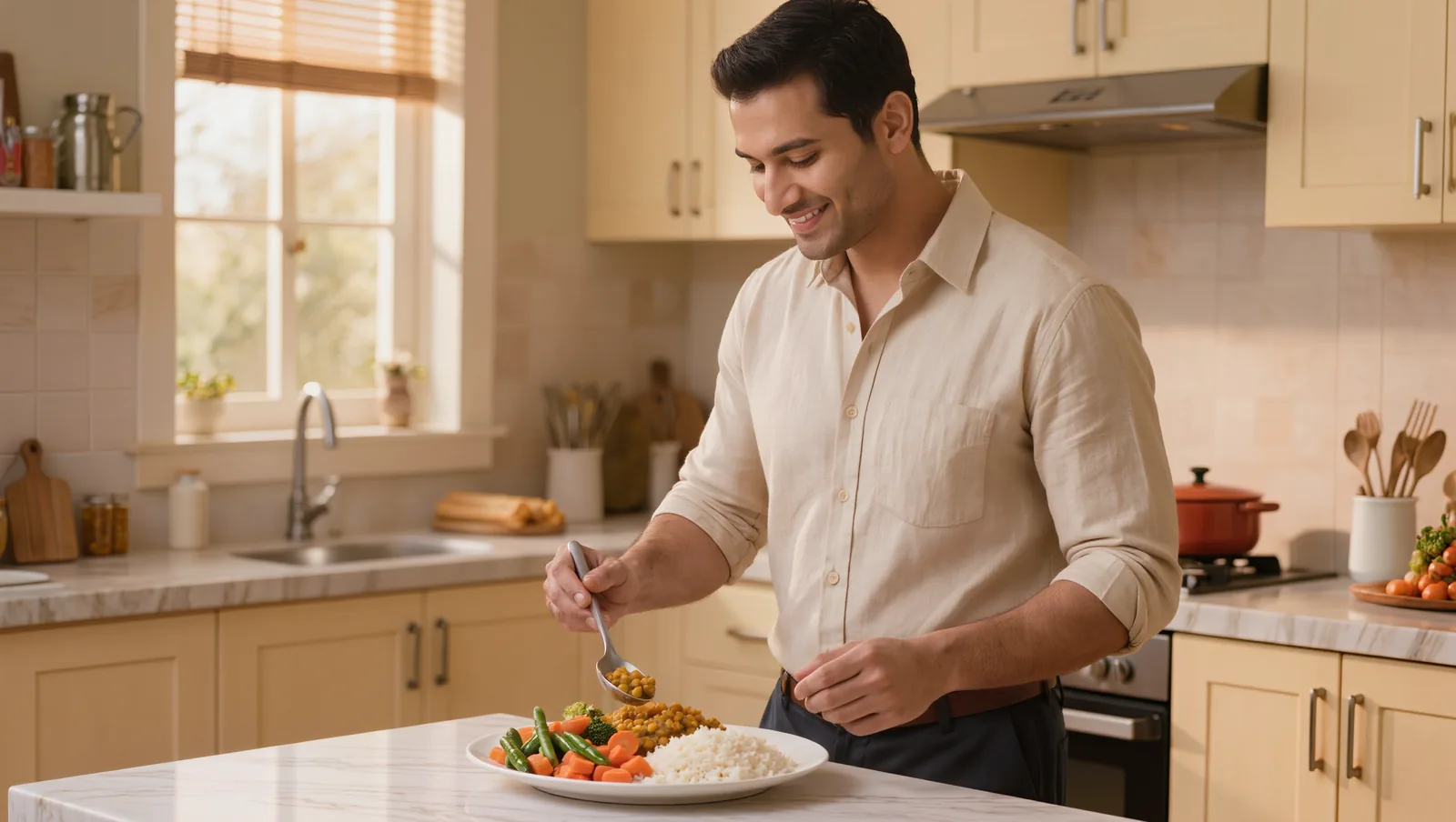 South Asian Indian man with brown skin serving himself a balanced, portion-controlled plate of Indian food