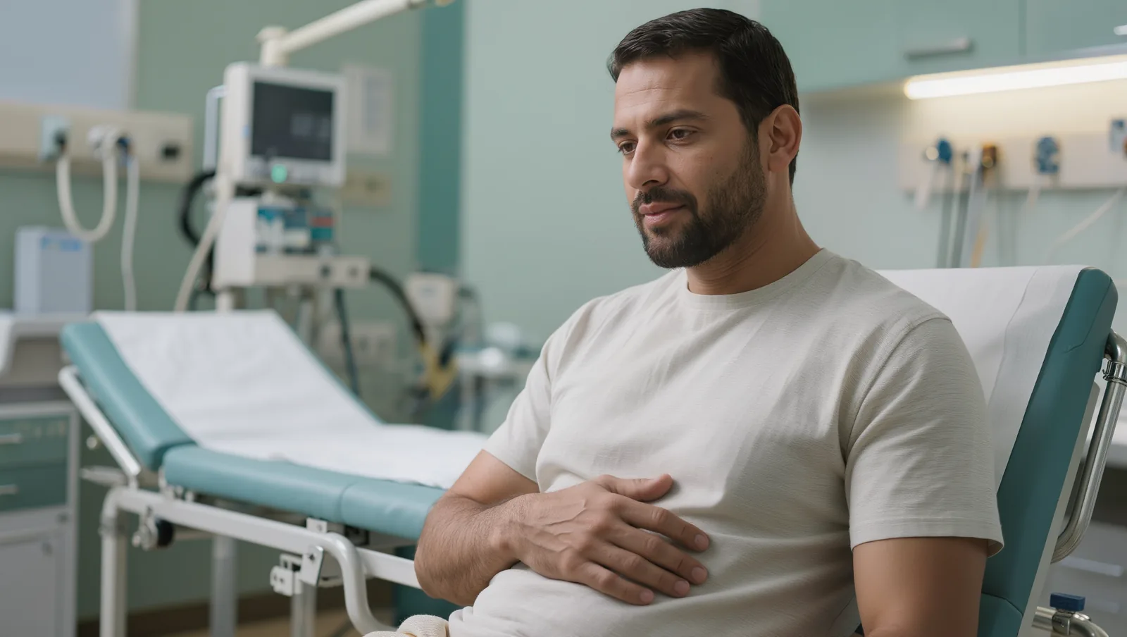 Indian man in his thirties of average build sitting on a clinic bench resting a hand on the right side of his abdomen