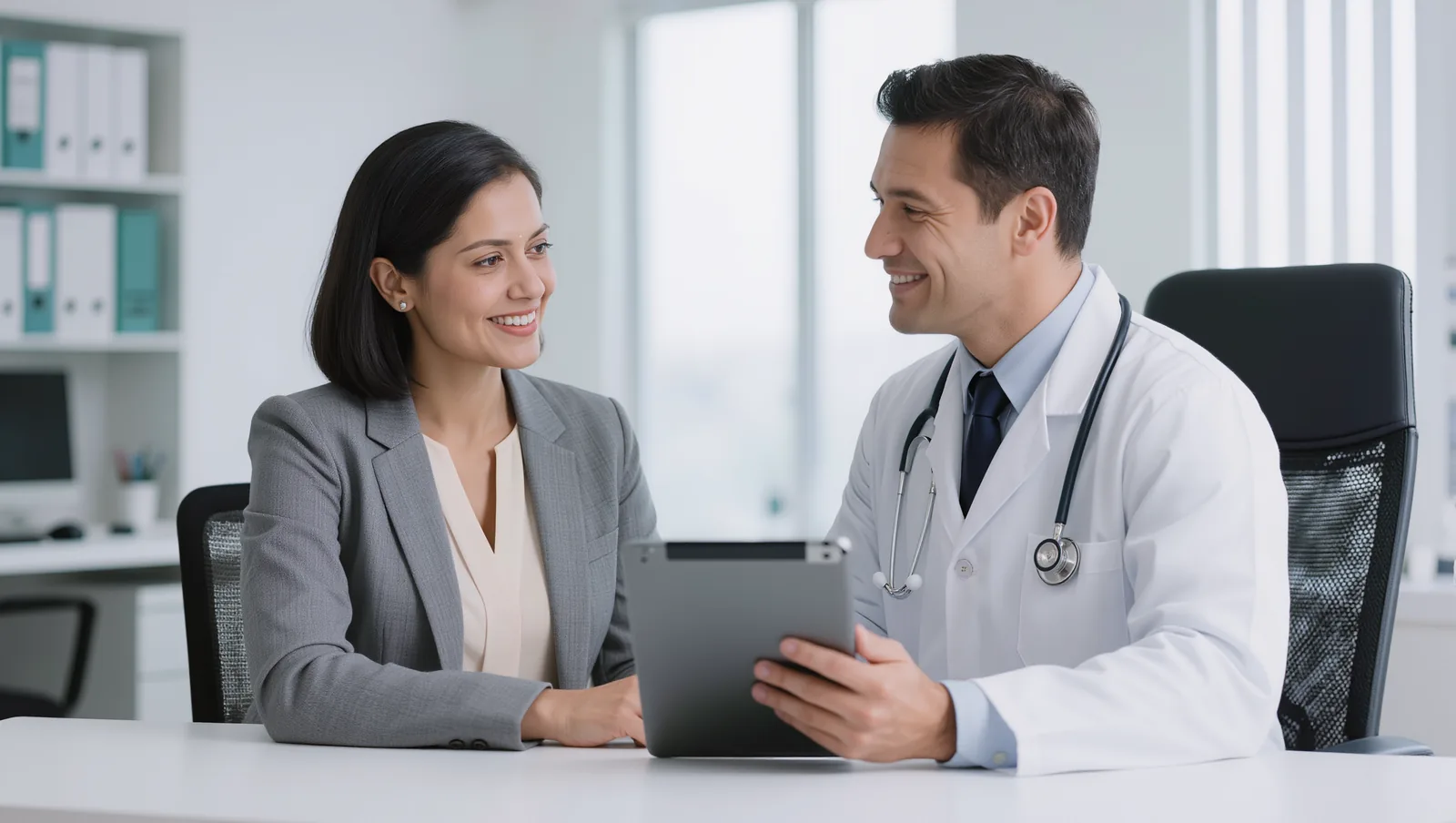 South Asian Indian woman discussing weight-loss medication options with a doctor during a calm clinic consultation