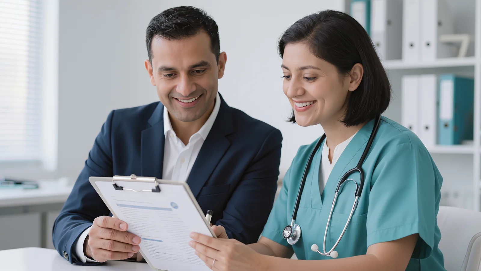 South Asian Indian person and a doctor reviewing a BMI and health assessment chart together during a consultation