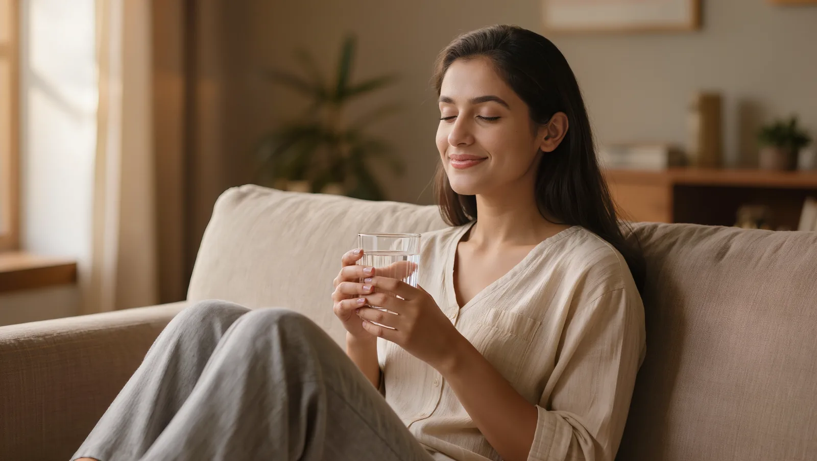 South Asian Indian woman at home holding a glass of water, calmly managing mild nausea
