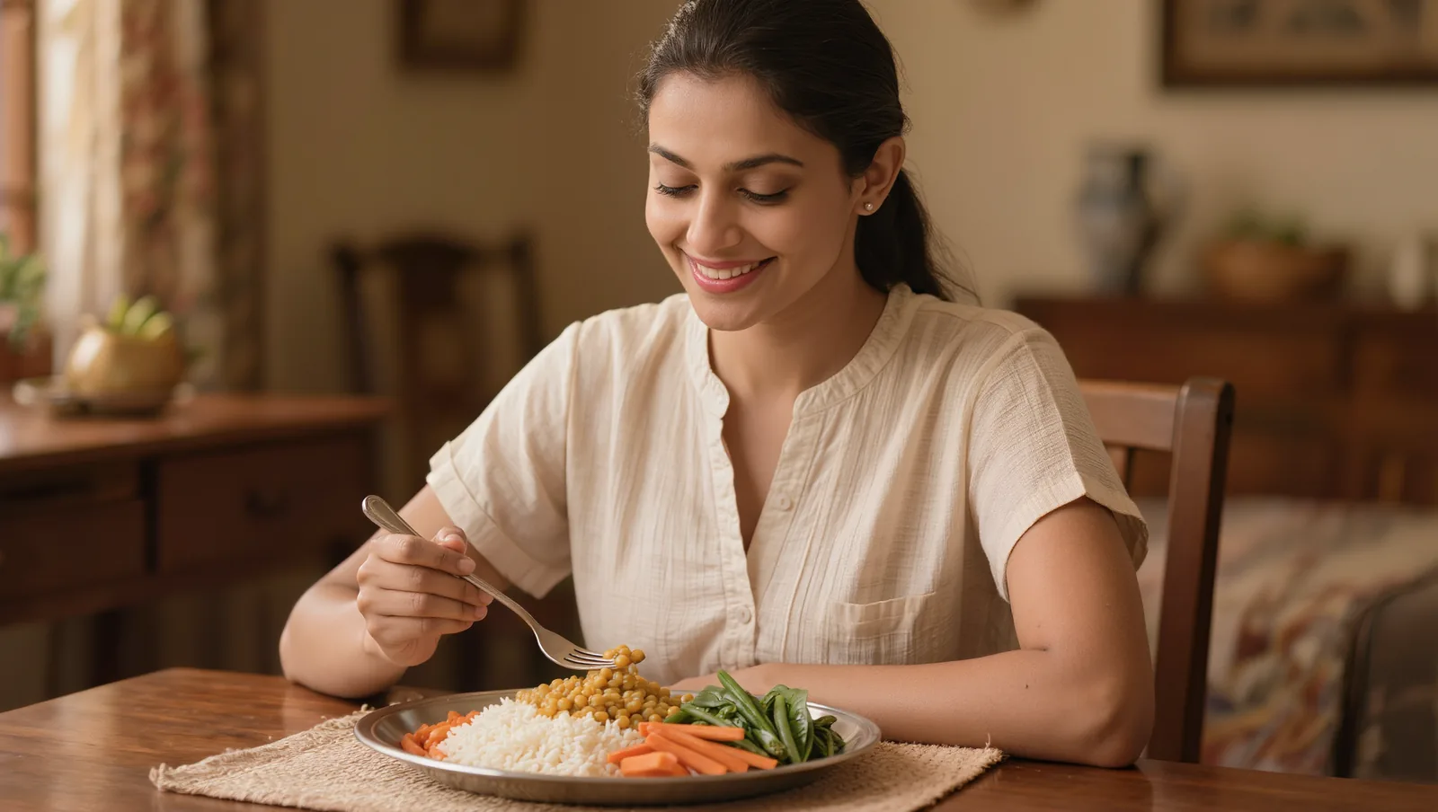 South Asian Indian woman with brown skin sitting down to a balanced traditional meal of rice, dal and vegetables