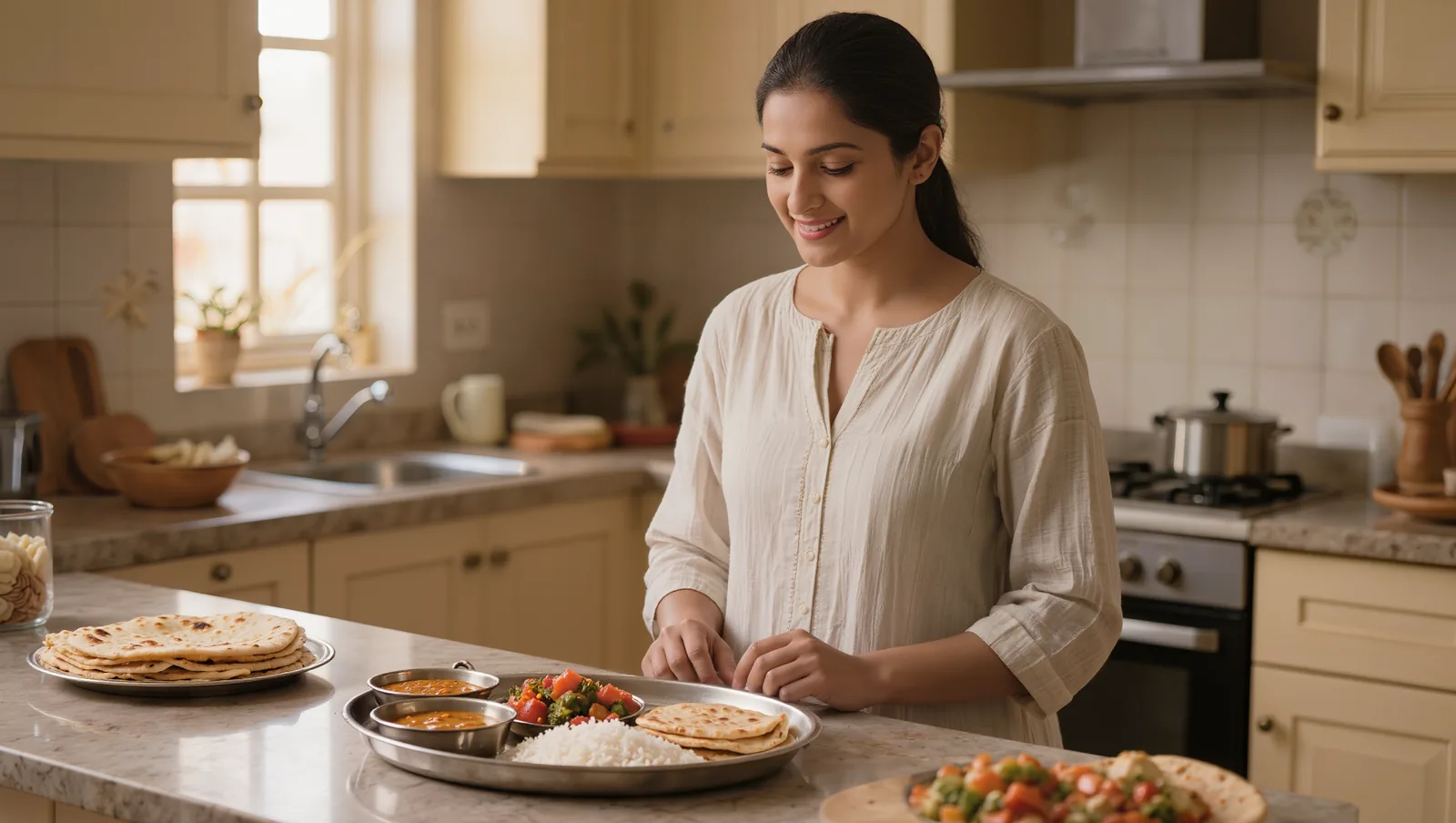 Indian woman in her kitchen looking thoughtfully at a traditional thali of dal, rice, roti and sabzi