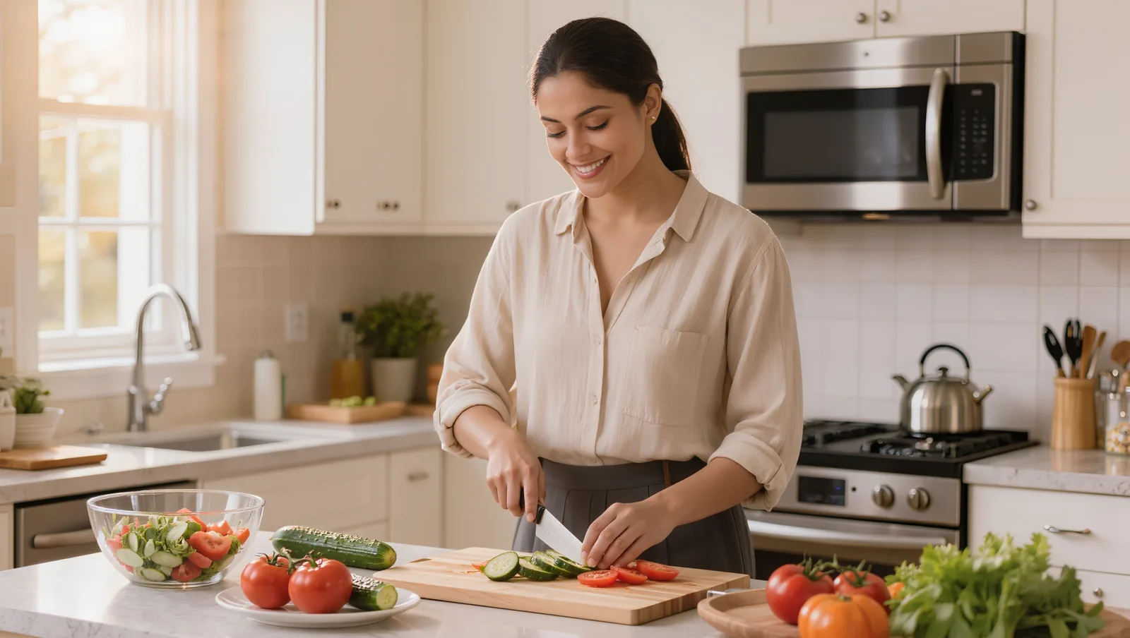 South Asian Indian woman with brown skin looking confident and healthy while preparing a balanced meal at home