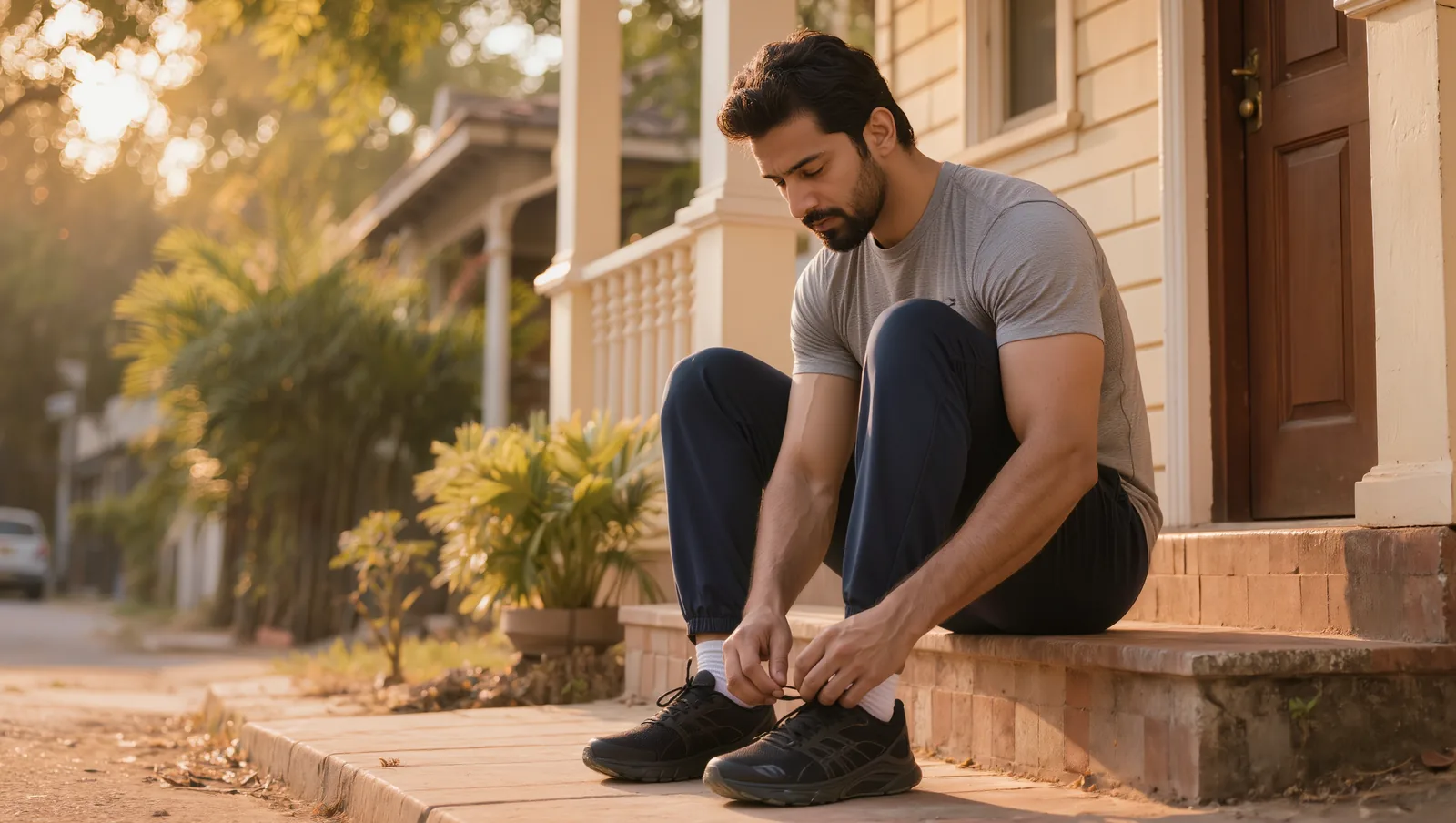 Indian man around age thirty-five lacing up running shoes on the steps outside his home in the early morning