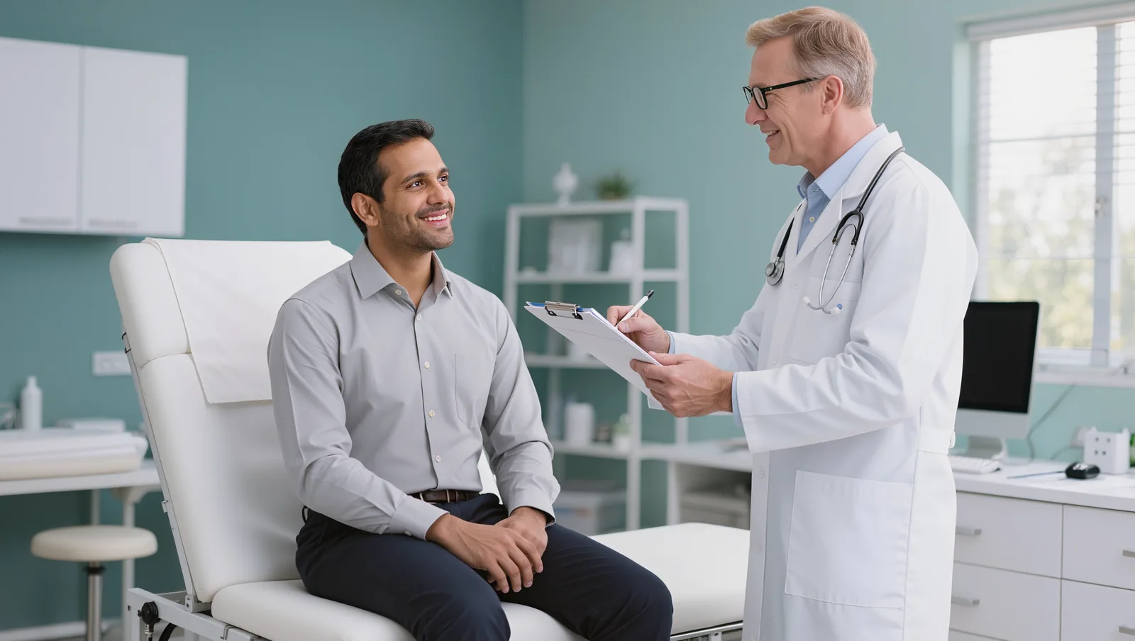 South Asian Indian man in his forties listening to a doctor explain weight-management treatment during a clinic consultation