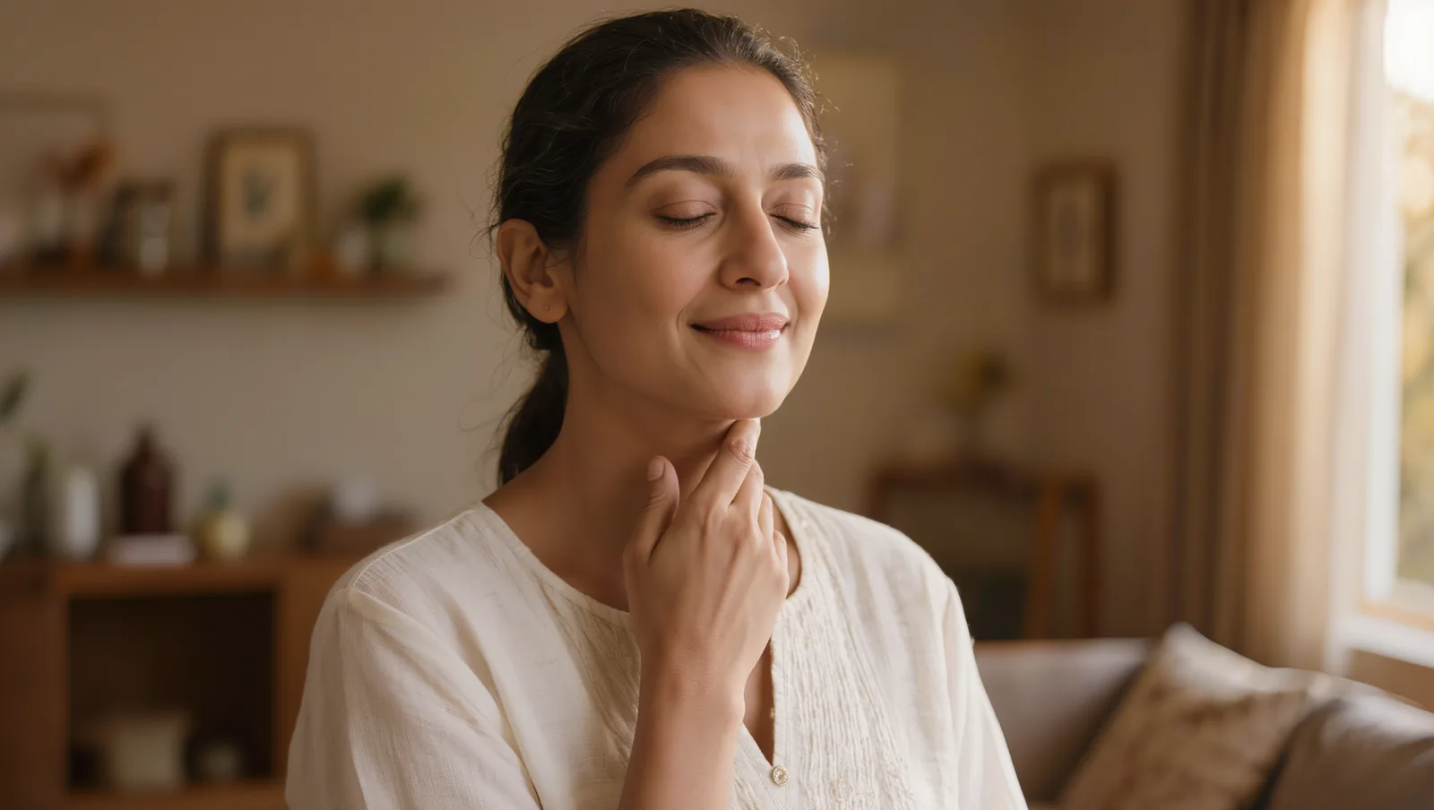 Indian woman in her late thirties standing at home gently touching the front of her neck