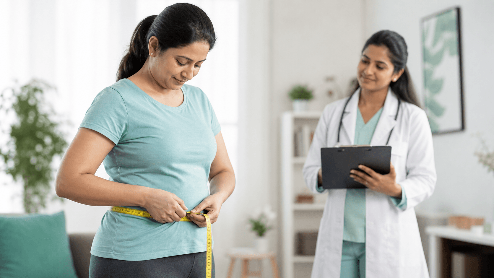 Indian adult measuring waist circumference with a doctor nearby for guidance
