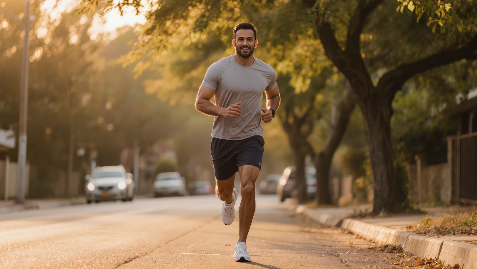 South Asian Indian man with brown skin walking briskly along a tree-lined street in the morning