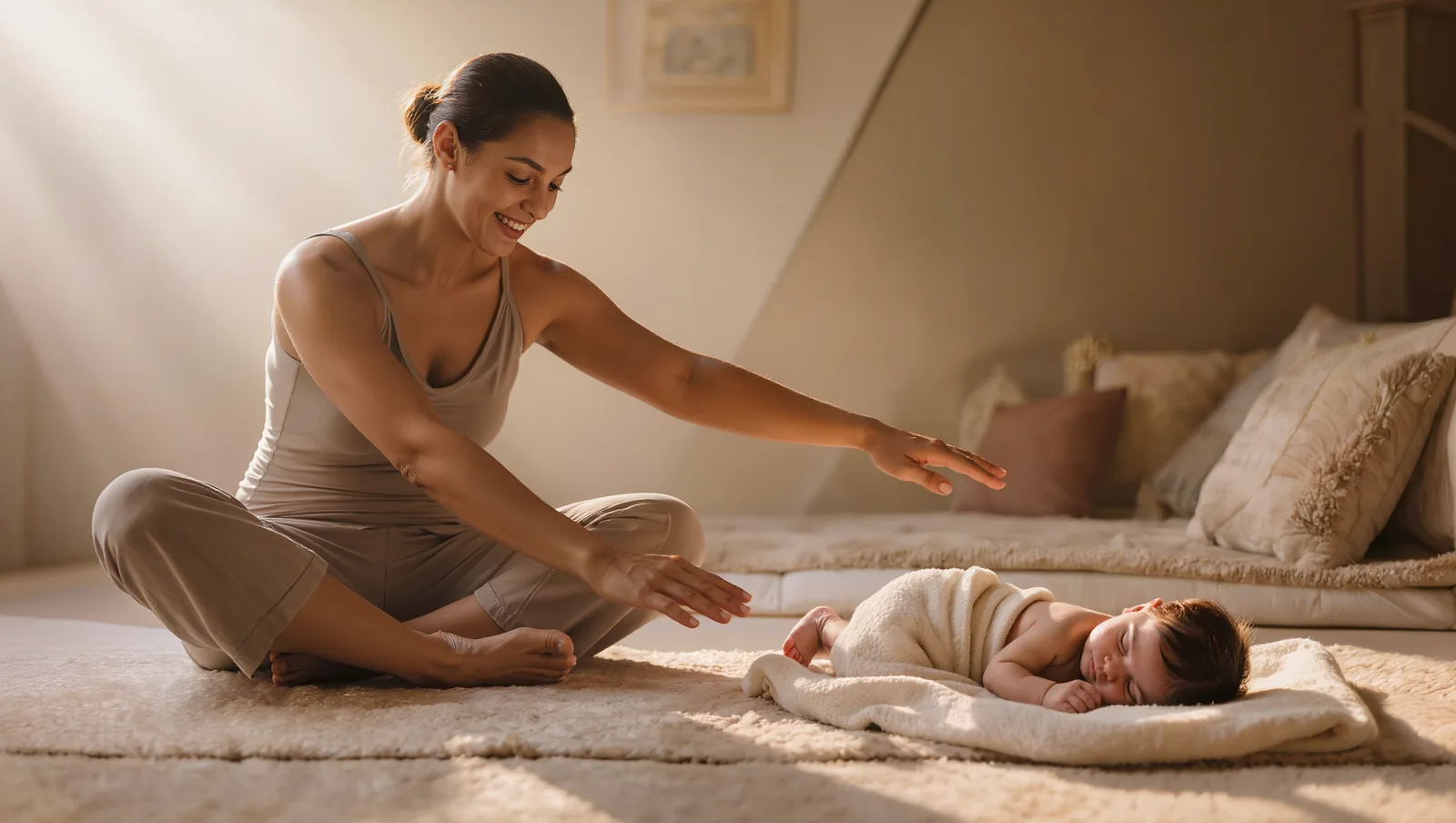 South Asian Indian mother with brown skin gently exercising at home while her baby rests nearby