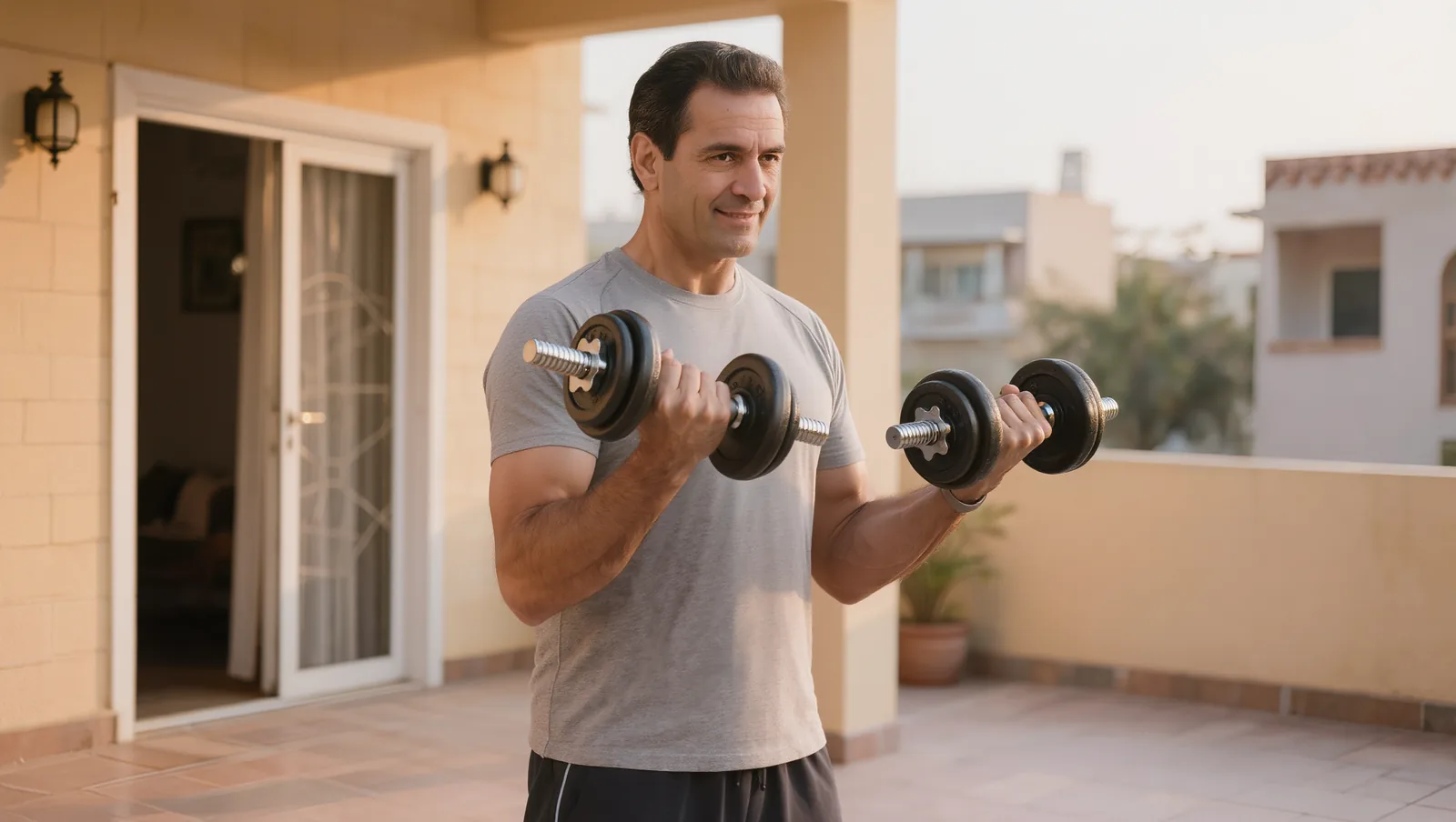 South Asian Indian man with brown skin in his forties exercising outdoors, looking focused and healthy