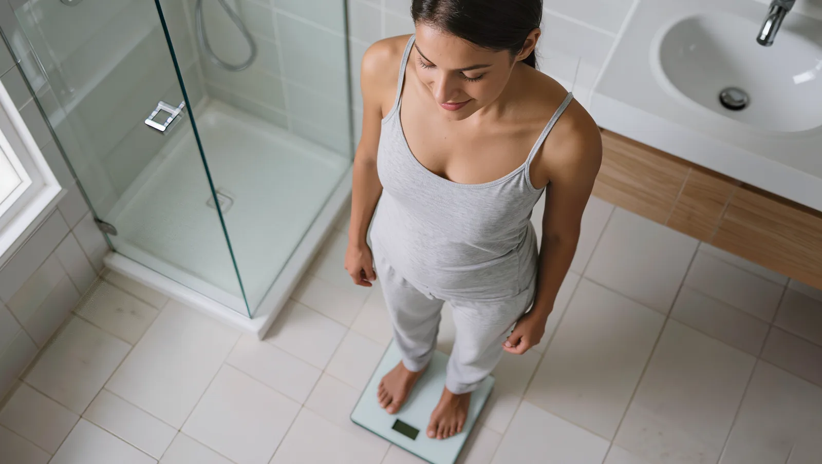 South Asian Indian woman with brown skin standing on a weighing scale at home, looking thoughtful